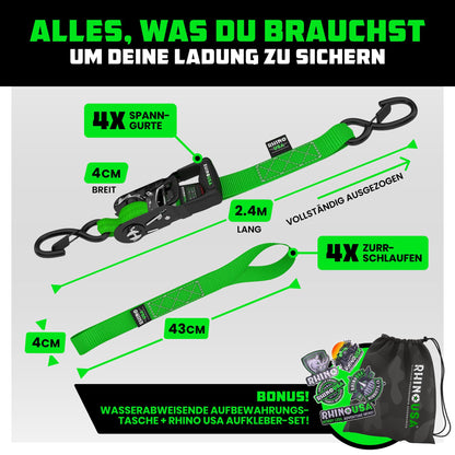 Rhino USA Schwerlast-Ratschengurt-Set 4er-Pack, 4 cm x 2,4 m, Grün