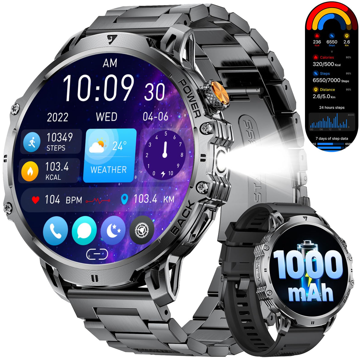 LIGE EF13-E Smartwatch Herren, 1000 mAh, 1,85-Zoll-HD-Display, IP68 in Schwarz mit Edelstahl- und Silikonarmband