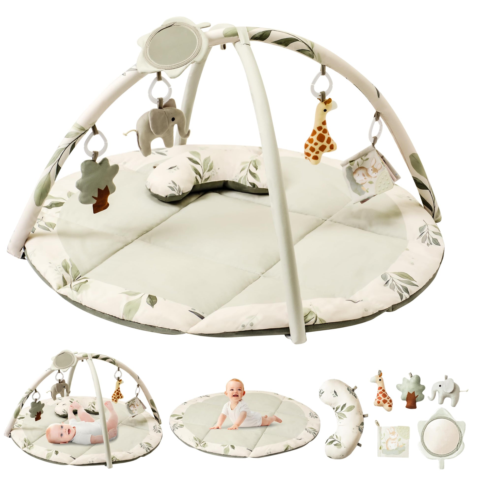 Fortella Baby Spielbogen mit Krabbeldecke & Sensorik – Salbeigrün. Salbeigrün, Bogenstruktur & Decke, für sensorische Babyspiele.