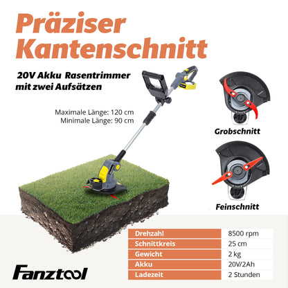 FANZTOOL Akku Rasentrimmer 20V AK0012G mit 2Ah Akku und Ladegerät