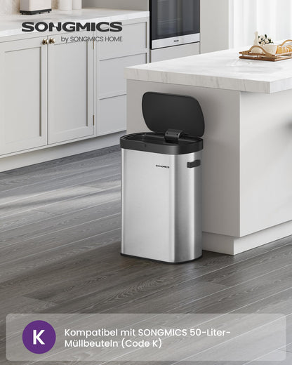 SONGMICS Sensor-Mülleimer, 50 L, Softclose, Stahl, silber-schwarz