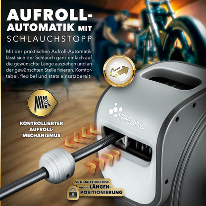 TRESKO Druckluftschlauch Aufroller automatisch 20m 1/4" Grau