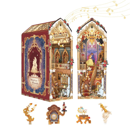 Tonecheer Book Nook Die Schöne und das Biest, 3D-Holzpuzzle Buchstütze aus Holz mit LED-Beleuchtung