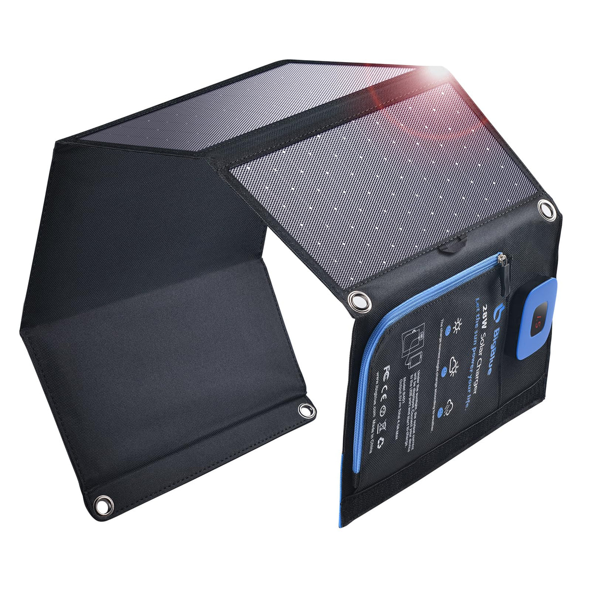 BigBlue 28W Tragbares Solar-Ladegerät USB-C/A - Digital Amperemeter. Faltbare schwarze Solarpanels laden Geräte.
