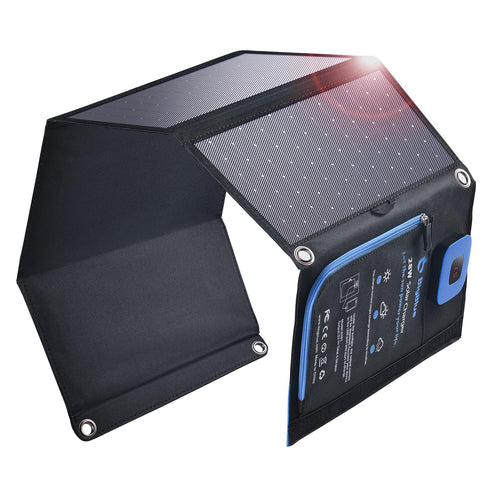 BigBlue 28W Tragbares Solar-Ladegerät USB-C/A - Digital Amperemeter. Faltbare schwarze Solarpanels laden Geräte.
