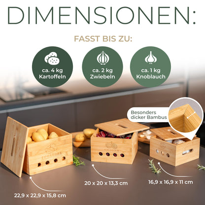 CALIDORO Kartoffel Aufbewahrungsbox 3er Set aus Bambus mit Deckel