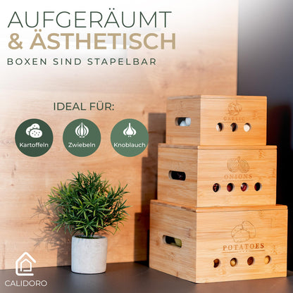 CALIDORO Kartoffel Aufbewahrungsbox 3er Set aus Bambus mit Deckel