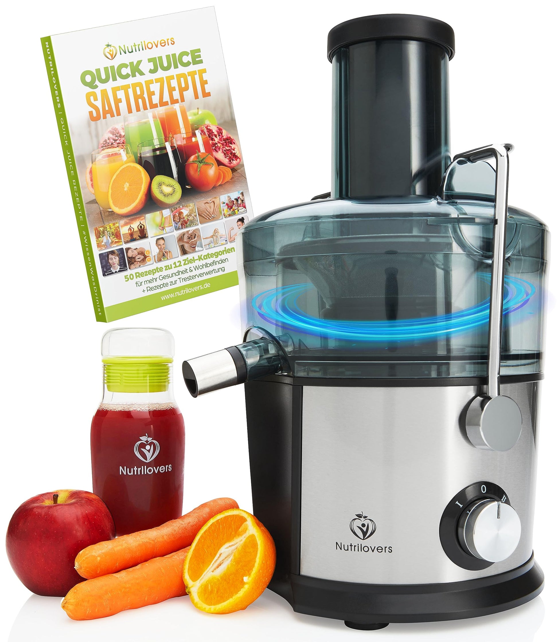 Nutrilovers QUICK-JUICER Entsafter Edelstahl – für Obst & Gemüse. Zylindrisches Standgerät extrahiert Saft.