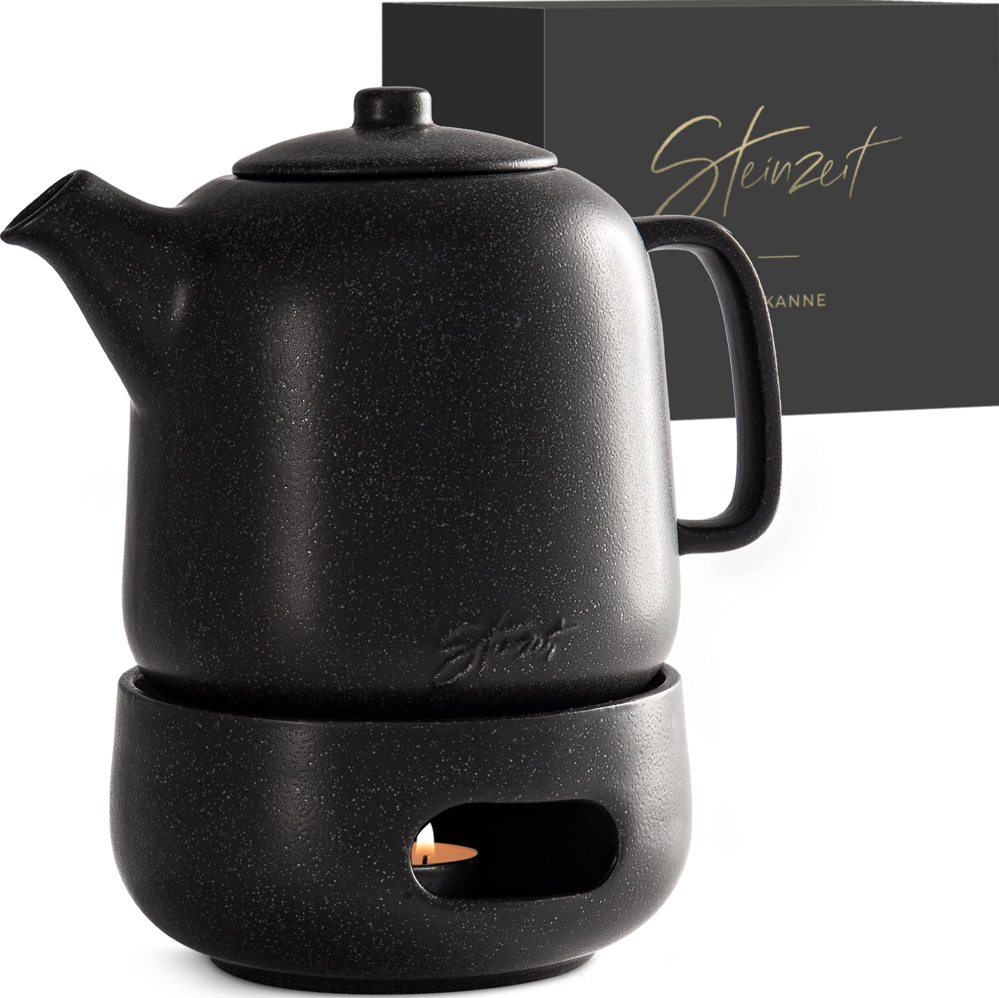 STEINZEIT Design Teekanne mit Stövchen 1.3L – Keramik Schwarz. Bauchige schwarze Keramikkanne mit Stövchen zum Aufgießen und Warmhalten von Tee.