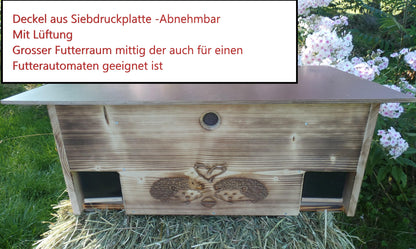 Vollholz Igelfutterhaus 80x40cm – Labyrinth, Rattenklappe, geflammt