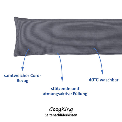 CozyKing Seitenschläferkissen mit Cordbezug, 200 x 40 cm, Grau