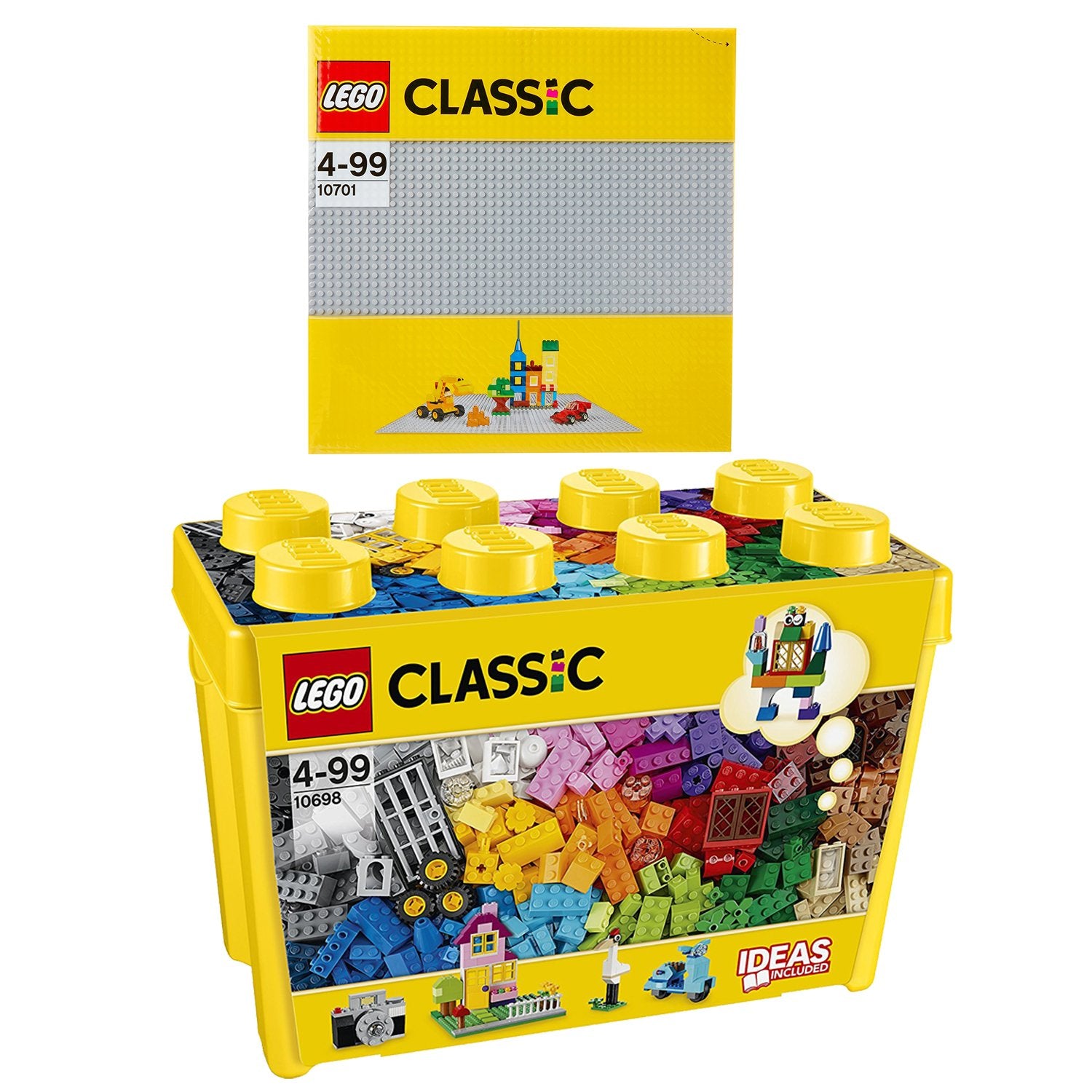 Lego Classic 2er Set: Box 10698 & Graue Grundplatte 10701. Bunte Bausteinebox und quadratische, graue Grundplatte mit Noppen zum Bauen von Modellen.