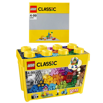 Lego Classic 2er Set: Box 10698 & Graue Grundplatte 10701. Bunte Bausteinebox und quadratische, graue Grundplatte mit Noppen zum Bauen von Modellen.