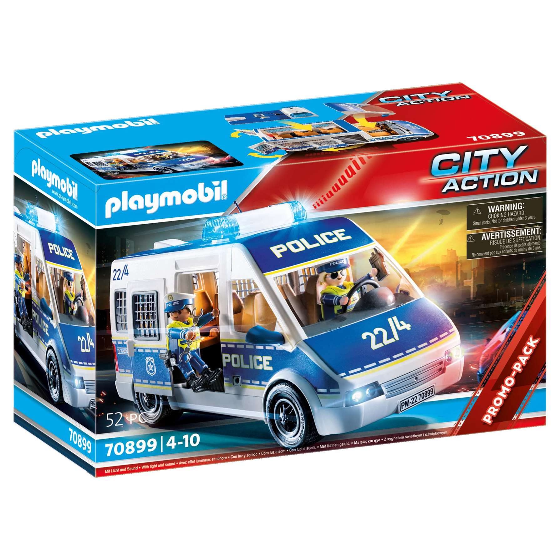 PLAYMOBIL City Action 70899 Polizei-Mannschaftswagen - Licht & Sound: Blau-weißer Kastenwagen mit Sondersignal-Funktion.