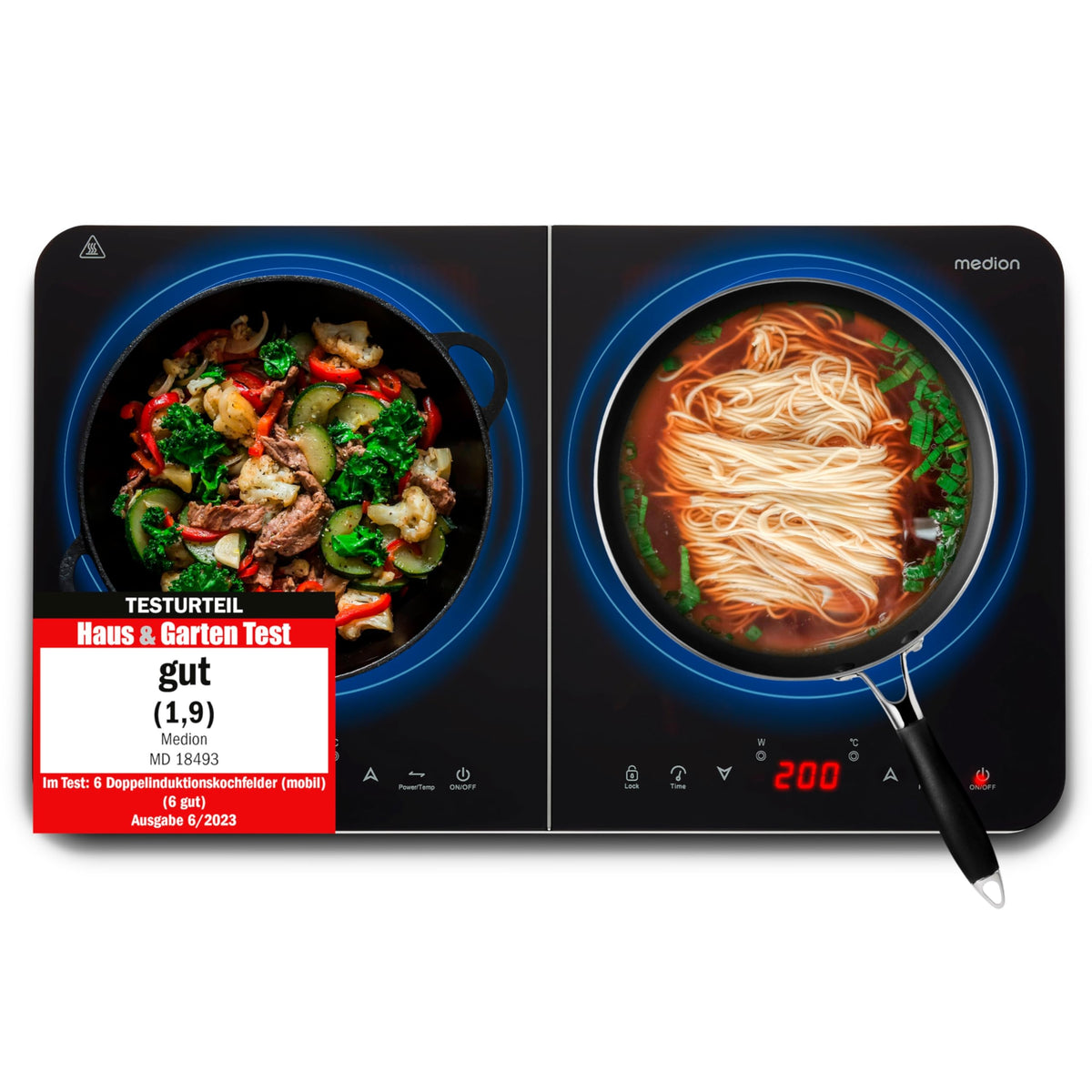 MEDION Doppel-Induktionskochplatte MD18493, 3500 Watt, schwarz, zwei Kochzonen mit LED-Display