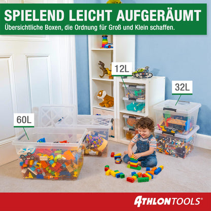 ATHLON TOOLS Aufbewahrungsboxen 60 L mit Deckel, 4er-Set, transparent