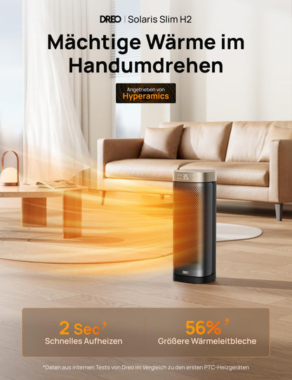 DREO Heizlüfter Solaris Slim H2, 2000W Keramik, Thermostat, Gold
