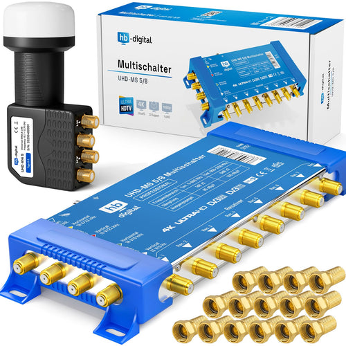 HB-DIGITAL Quattro LNB Schwarz Multischalter Sat-Set - 8 Teilnehmer. Schwarzes Set zur Verteilung von Sat-Signalen an 8 Empfänger.