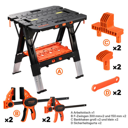 PONY 2 in 1 Werkbank klappbar – mit 4 Zwingen 454kg