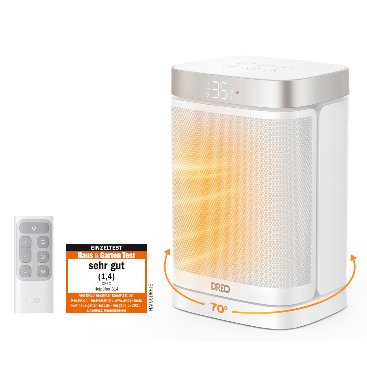 Dreo Heizlüfter DR-HSH004, 1500 W PTC-Keramik mit Thermostat, weiss – kompakt, mit Tragegriff