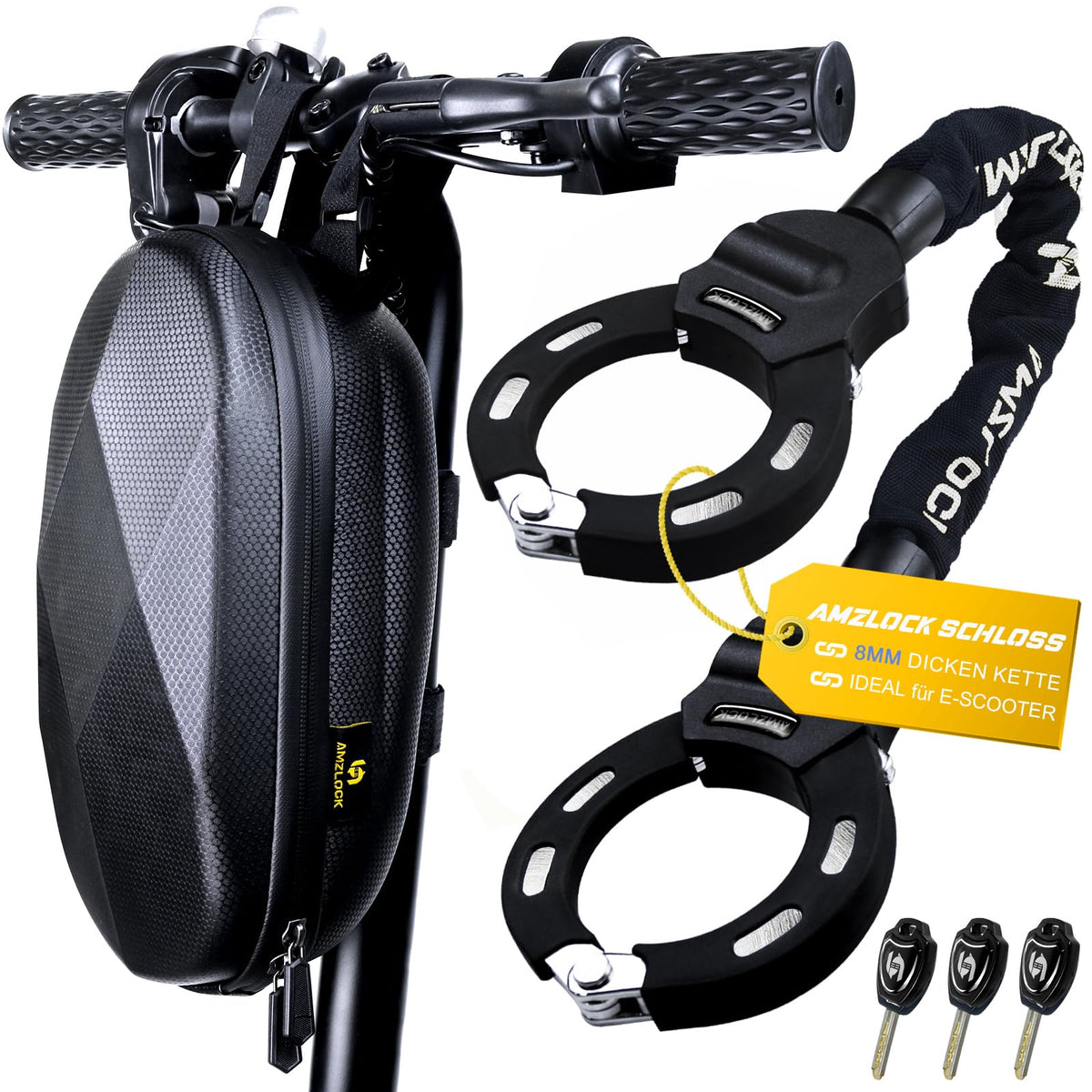 AMZLOCK E-Scooter Schloss AMZ001, 8 mm Kettenschloss, 75 cm aus gehärtetem Stahl mit Silikonummantelung