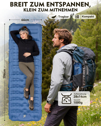 HIKENTURE Isomatte ultraleicht 12 cm mit Kissen und Fusspumpe, blau