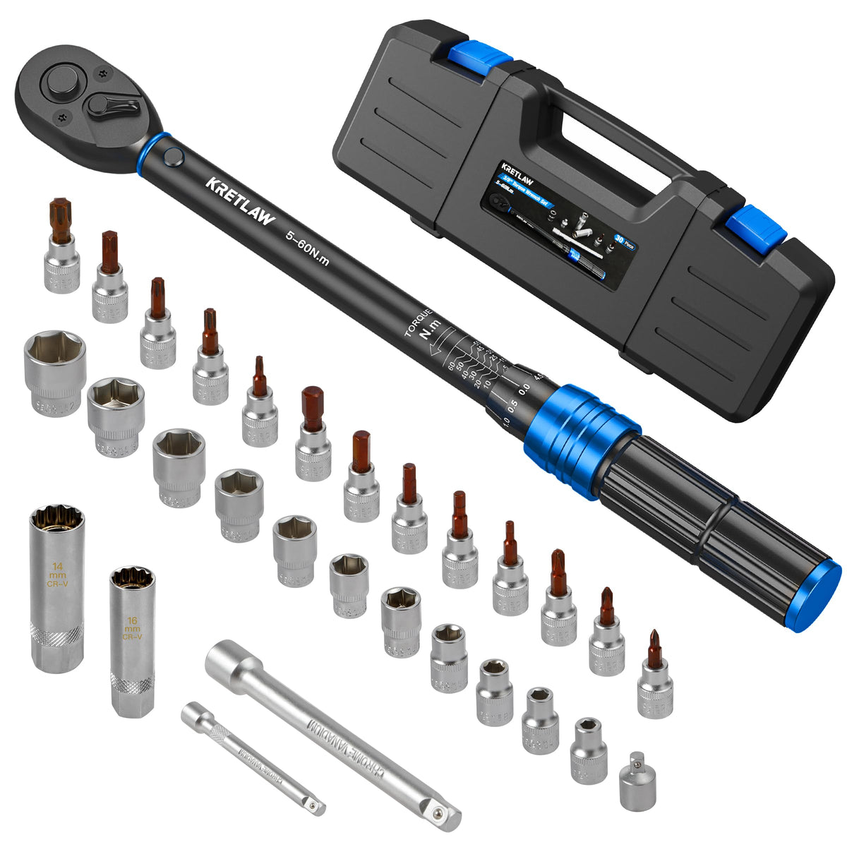 KRETLAW Drehmomentschlüssel Set 3/8 Zoll 5-60 Nm, 30-tlg. mit Stecknüssen und umschaltbarem Ratschenkopf