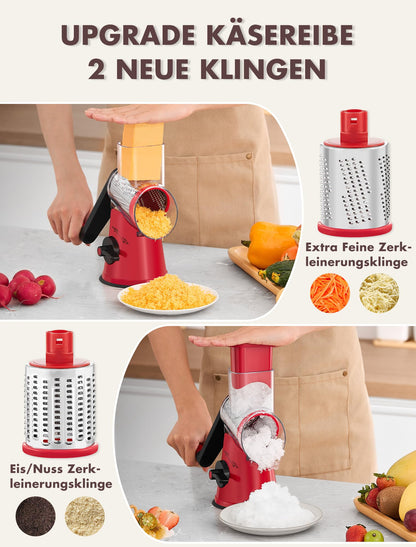 GDL Käsereibe mit Kurbel, Trommelreibe mit 5 Trommelblättern, rot