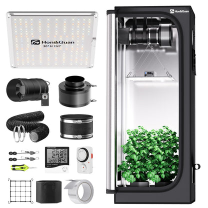 Hon&Guan Growzelt Komplettset HG1000 LED Grow Lampe 60x60x160cm. Schwarzes, rechteckiges Zelt mit LED-Panel für Indoor-Pflanzenzucht.