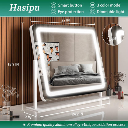 Hasipu Schminkspiegel mit Beleuchtung, 55 x 45 cm LED Kosmetikspiege mit 10x Vergrößerung, 3 Farbtemperatur Licht, Dimmbar, Smart Touch Control Tischspiegel, 360° Drehung, Spiegel für Make-up Weiß