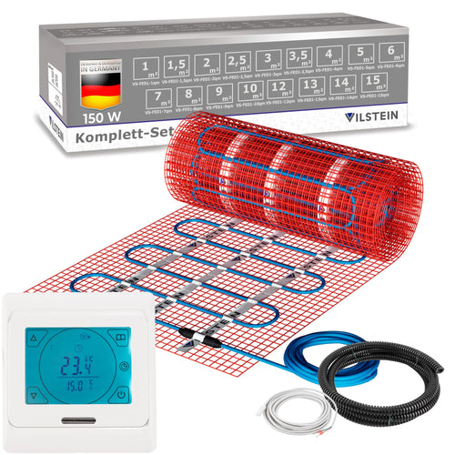 VILSTEIN® Elektrische Fussbodenheizung 150W/m² - 6m² Heizmatte. Dünne Gewebe-Heizmatte für die elektrische Fussbodenbeheizung.