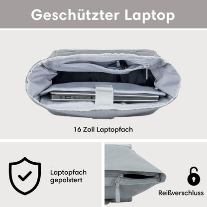 LARKSON No 4 Rolltop Rucksack Grau mit Laptopfach, wasserabweisend