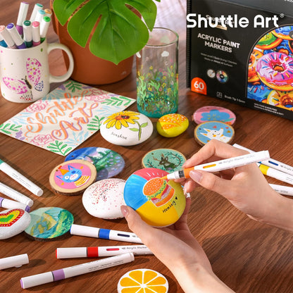 Shuttle Art Acrylstifte Set, 60 Farben, wasserfest, Pinselspitze