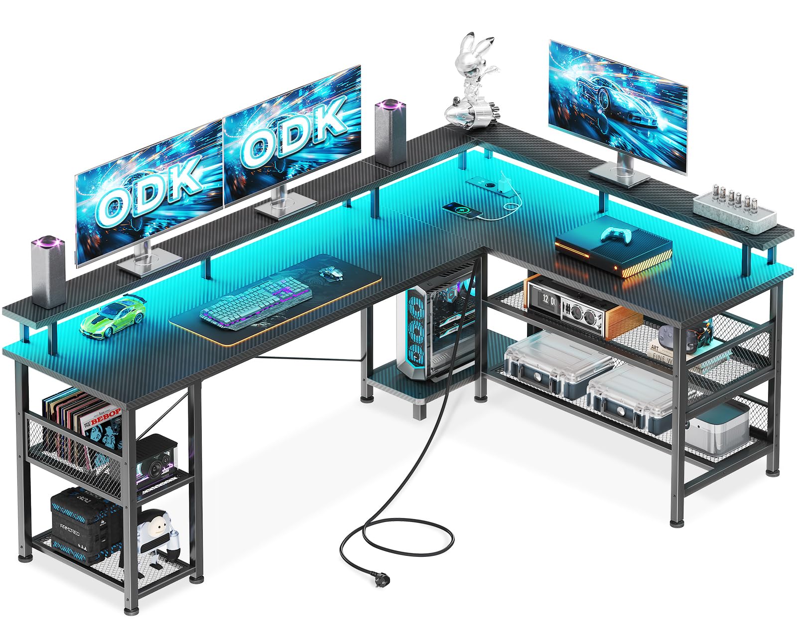 ODK Gaming Eckschreibtisch LED – Schwarz 168x120cm. Schwarzer Eckschreibtisch mit LED-Beleuchtung für Gaming-Setups und Arbeitsplatz.