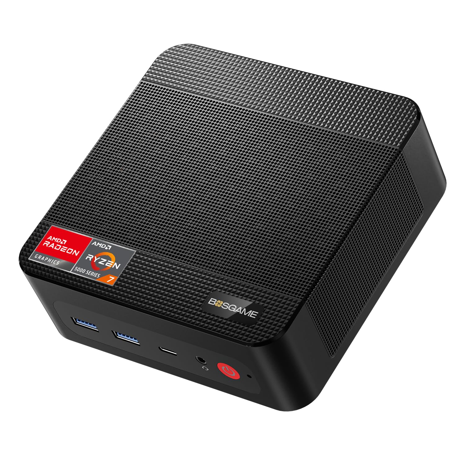 BOSGAME P4 Gaming-PC - Ryzen 7 5700U, 32GB/1TB, Win 11 Pro: Kompakter, schwarzer Mini-PC für Gaming und Performance.