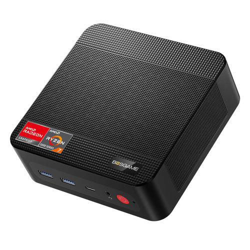 BOSGAME P4 Gaming-PC - Ryzen 7 5700U, 32GB/1TB, Win 11 Pro: Kompakter, schwarzer Mini-PC für Gaming und Performance.