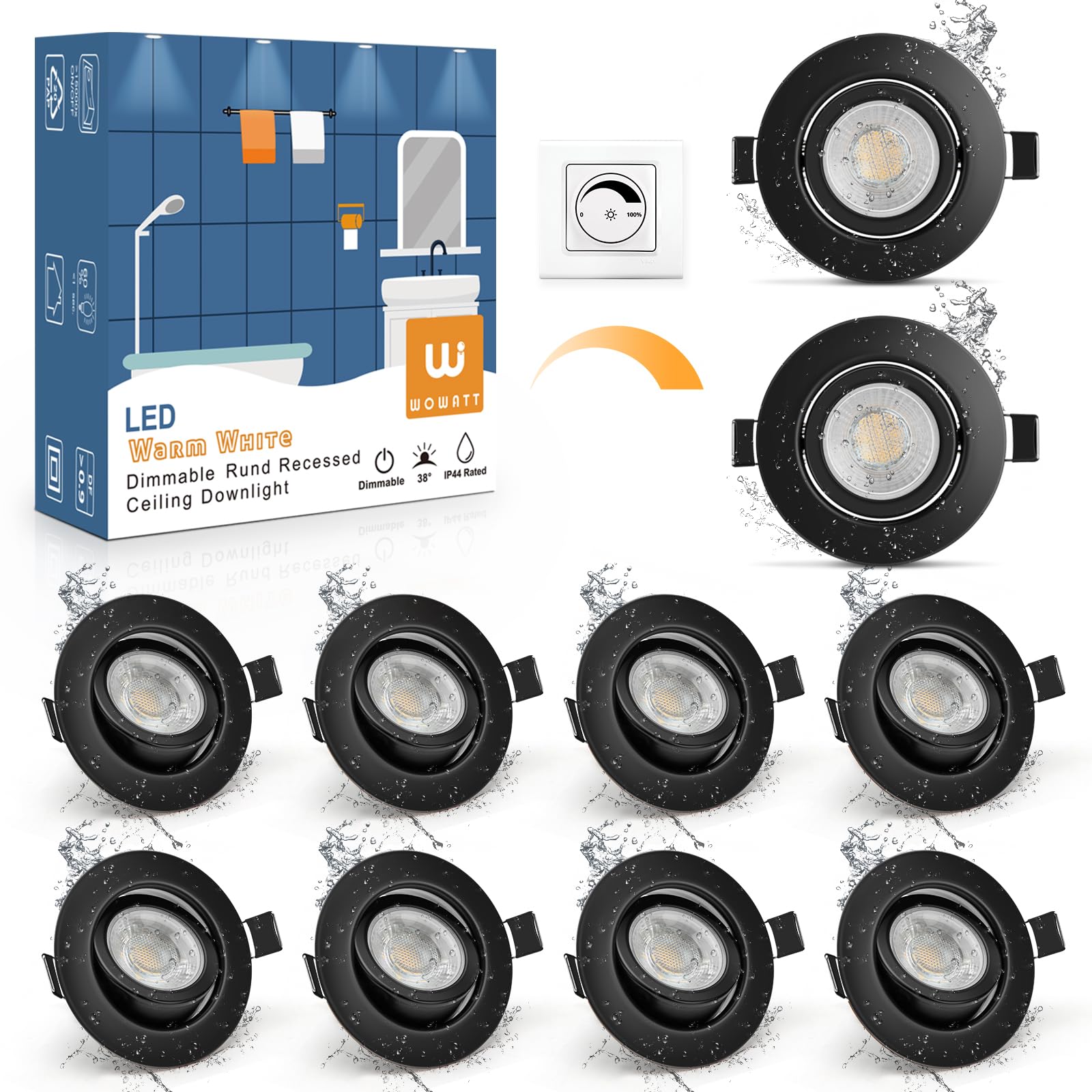 wowatt LED Einbaustrahler Schwarz Dimmbar – 10er Set IP44 Flach: Runder, schwarzer LED-Einbaustrahler; dimmbar, spritzwassergeschützt (IP44) für Feuchträume.