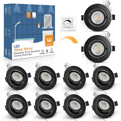 wowatt LED Einbaustrahler Schwarz Dimmbar – 10er Set IP44 Flach: Runder, schwarzer LED-Einbaustrahler; dimmbar, spritzwassergeschützt (IP44) für Feuchträume.