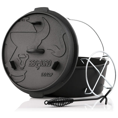 BBQ-Toro Dutch Oven Premium DO12P – Gusseisen Bräter 13.6L ohne Füsse. Runder, schwarzer Gusseisentopf mit Deckel zum Schmoren und Backen.