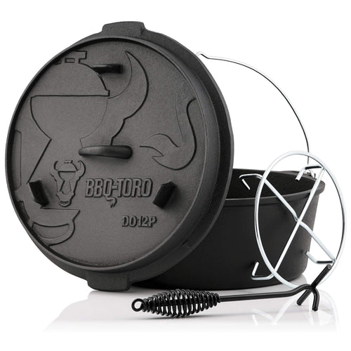 BBQ-Toro Dutch Oven Premium DO12P – Gusseisen Bräter 13.6L ohne Füsse. Runder, schwarzer Gusseisentopf mit Deckel zum Schmoren und Backen.