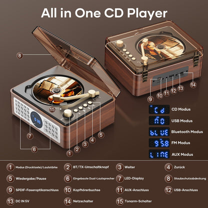 Lehwey Retro CD-Player mit Bluetooth, UKW-Radio und Lautsprecher