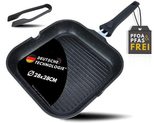 DIVORY Grillpfanne 28 cm mit abnehmbarem Griff, induktionsgeeignet – quadratisch, gerippte Bratfläche