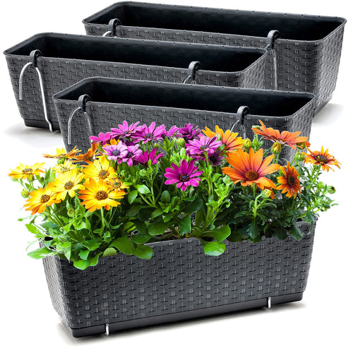 BigDean Blumenkästen Balkongeländer 4er Set Rattan-Optik Anthrazit – Kästen aus Kunststoff mit Metall-Halterungen