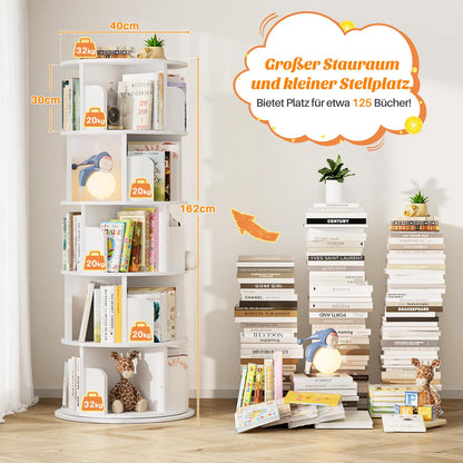 iSunirm Bücherregal drehbar 360 Grad, 5 Etagen, Holz, weiss