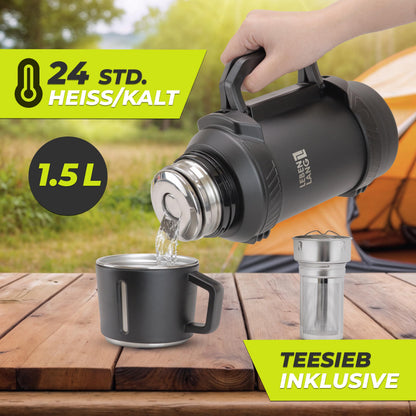 LEBENLANG Thermosflasche 1,5 Liter Edelstahl mit Becher und Teesieb