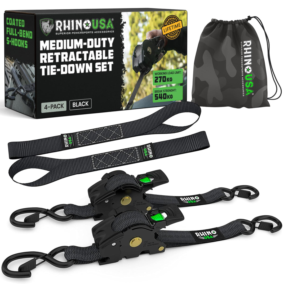 Rhino USA Spanngurte selbstaufrollend, 2er-Pack, 2,5 cm x 3 m, schwarz – Ratsche und beschichtete S-Haken