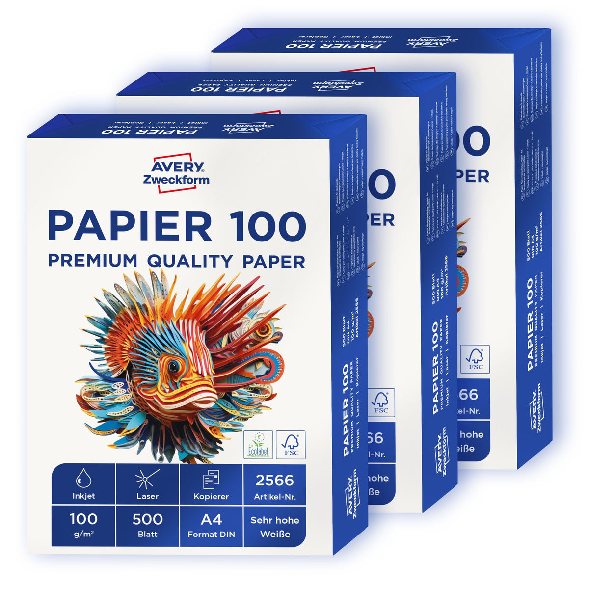 AVERY Zweckform 2566 Drucker-/Kopierpapier A4, 100 g/m², 1500 Blatt, hochweiss, Box mit 3 Pack