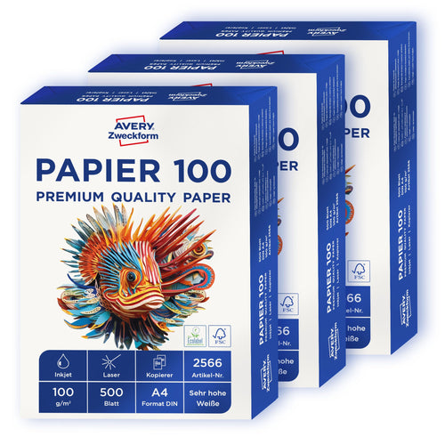 AVERY Zweckform 2566 Drucker-/Kopierpapier A4, 100 g/m², 1500 Blatt, hochweiss, Box mit 3 Pack