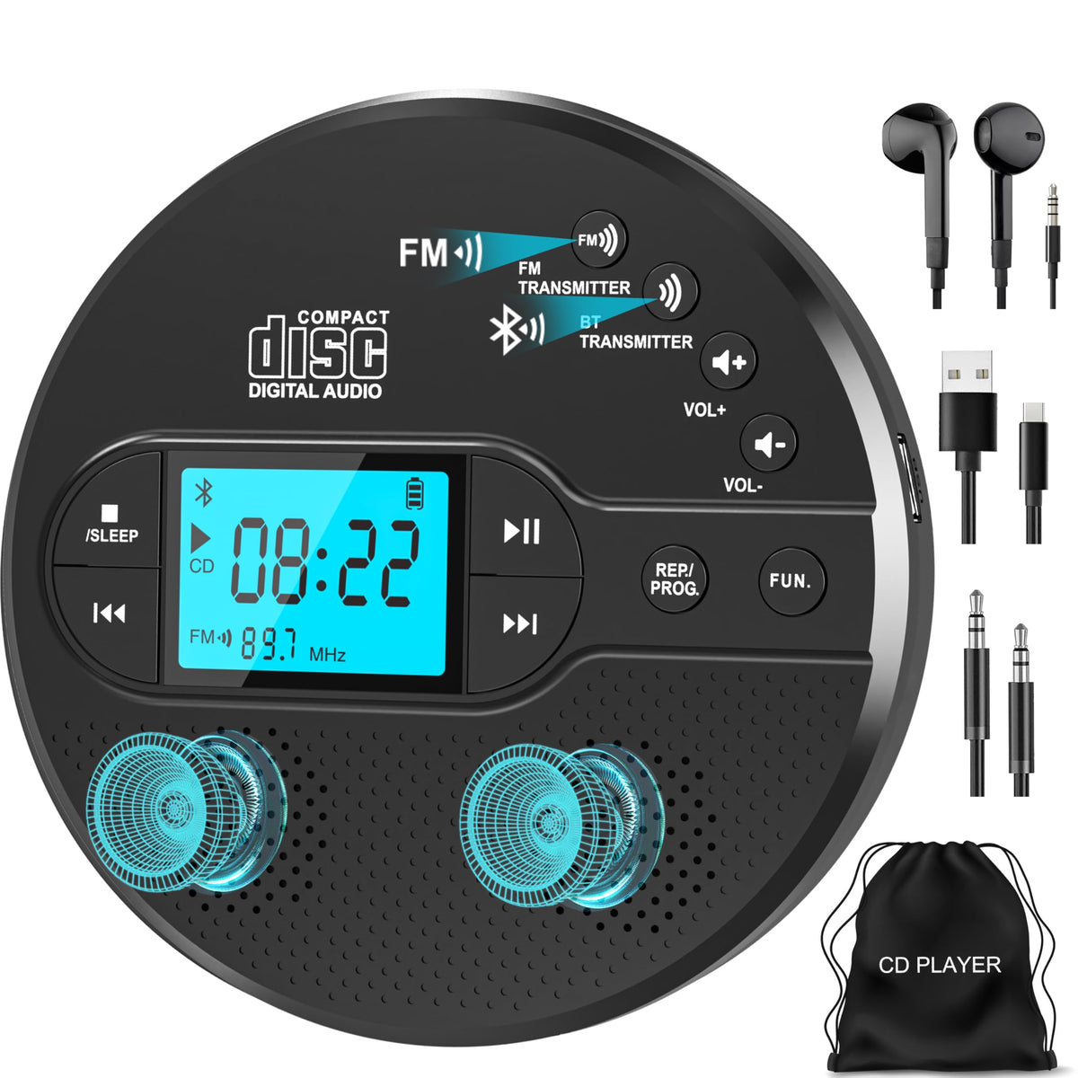 Greadio CD-35 Tragbarer CD-Player mit Bluetooth, LCD-Display und Kopfhörer