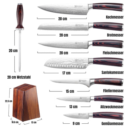 Paudin Messerblock-Set, 9-teiliges Küchenmesser-Set aus Edelstahl